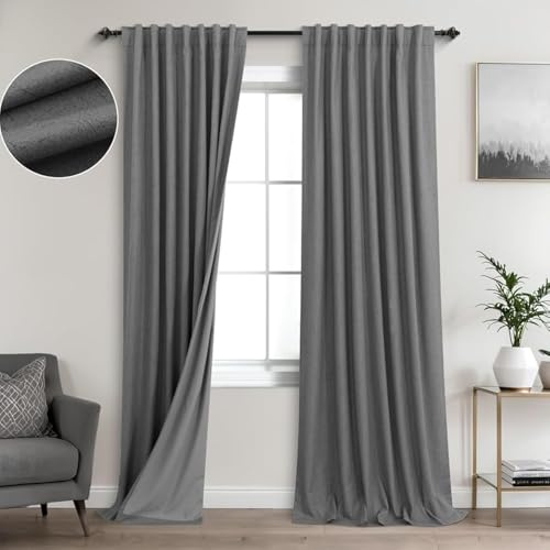 KOUFALL Graue Verdunkelungsvorhänge aus Leinen, 244 cm lang, 2 Paneele, verdunkelnd, anthrazit, Gamer-Vorhänge für Jungenzimmer, Schlafzimmer
