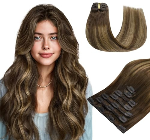 hotbanana Clip In Extensions Echthaar 30cm Haarverlängerung 80g 7 Stück | Schokoladenbraun bis Karamellblond Unsichtbar Remy Echthaar, Doppelschuss, Leicht zu Tragen, für Alltag und Styling Bereich