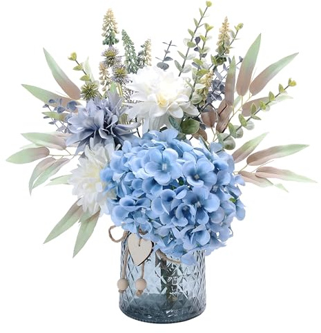 Yorkmills falska blommor med vas, hortensia konstgjorda blommor i vas | Konstblommor arrangemang lämpligt för hemmakök, vår höst dekor kontorsdekoration, bordsuppsats bordsdekorationer