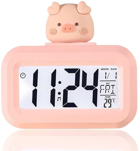 Jwthee Cartoon niedliche elektronische Uhr, multifunktionaler digitaler Wecker mit Innentemperatur-LED-Anzeige, Kalender, Tischuhr für Schlafzimmer (Pink Piggy)