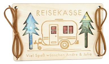 Gravuleo - Geldgeschenk Reisekasse Camper personalisiert mit Wunschtext, Grußkarte Wohnwagen Holz graviert (Reisekasse)