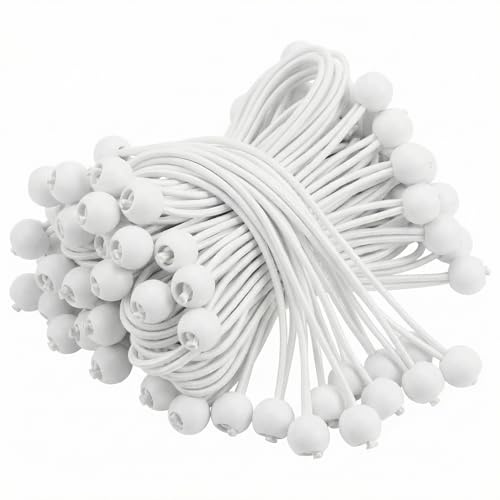 QWORK® 50 Stück Spanngummis mit Kugel, 15cm, weiße Bungee-Seile, geeignet für Campingzelte, Planen, Banner, Haushaltsgegenstände
