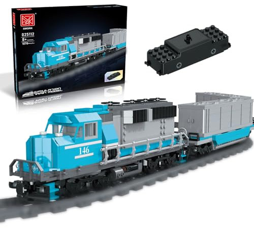 Güterzug Bausatz Eisenbahn Baustein Zug, Lokomotive und Wagen, Modellbau-Spielzeug Geschenk für Kinder ab 8 Jahren/Erwachsene (1078 Teile, mit 32 Schienen und wiederaufladbarem Motor)