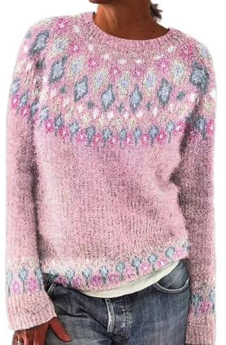 SDERG Fair Isle Wool Jumper for Women UK - Crew Neck Plus Size Ladies Winter Sweater, Soft Warm Classy Nordic Knitwear, Long Sleeve Christmas Fairisle Jumper