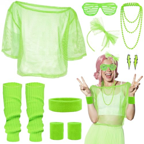 Déguisement Année 80 90s Femme- Survêtement Sportif Rétro Déguisement Chemise en Maille Fluo à épaules Dénudées Lunettes Bandeau Boucle D'oreille Collier pour 80s Thème Soirée Carnaval Femme Fille