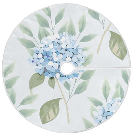 Christmas Tree Skirt Blue Hortensia Flowers Eucalyptus Branches Xmas Tree Ornaments Christmas Tree Mat for Decorations Holiday Party 120cm