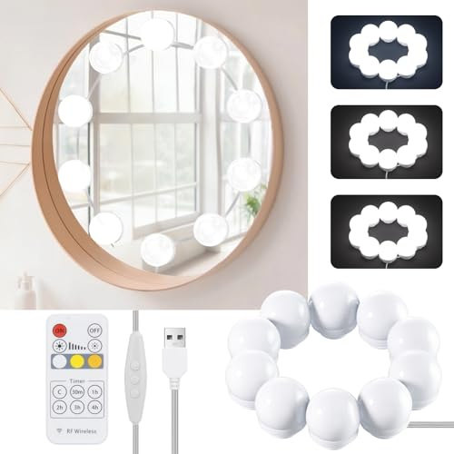 PSTAR Lumière de Miroir, 10 Ampoules Hollywood Kit de Lumière LED avec Télécommande RF, USB Câble Réglable, 3 Couleurs et 10 Intensités, Lampe miroir LED USB pour Coiffeuse Maquillage