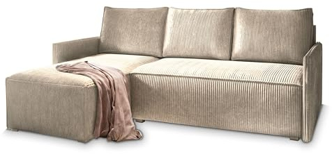 Masseno Ecksofa PERUSI mit Schlaffunktion L-Form, Sofa mit Bettkasten, Wohnzimmersofa, Couch, Soffa, Bettsofa, Couchgarnitur- Beige, POSO 02