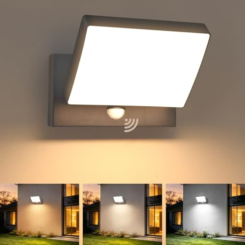 YindaLux Außenlampe mit Bewegungsmelder, 24W, 3000K/4000K/6000K, Anthrazit | IP65 Wasserdichte, Schwenkbar LED-Panel (240° vertikal), Aluminium, 3000 Lumen, Wandleuchte für Terrasse, Garage, Eingang