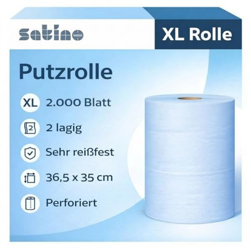 Reinigungstücher – 2.000 Blatt – 2 Rollen - 2-lagig – Blatt: 36,5 x 35 cm – Rolle: Ø 27 cm/Höhe: 36,5 cm - Made in Germany - reißfest, saugstark & ergiebig – blaue Putztücher - Satino