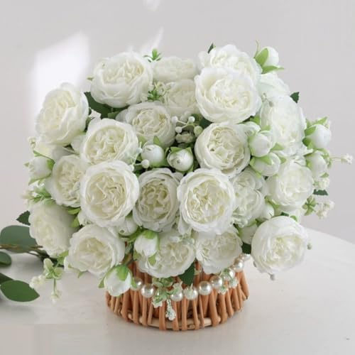 KARLOR Kunstblumen Set, 2 Bündel weiß Rosen Künstlich Blumen Pfingstrosen Seidenrosen weiß Kunstblumen wie Echt Heim Hochzeit Blumenstrauß Deko
