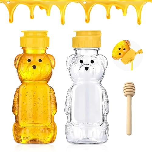 GIUSOBG 2 Stück Kristall Honigspender 250ML Bär Honigspender Transparent Squeeze Flasche mit Honigstick und Deckel, Wiederverwendbarer Honigbehälter zum Aufbewahren und Abmessen von Honig
