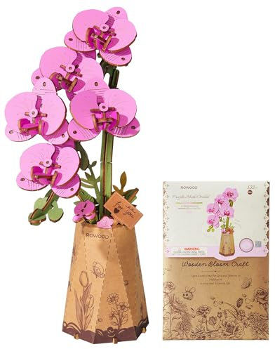 rowood Künstliche Blumen Lila Phalaenopsis, 3D Puzzle DIY Holzblumen, Modellbausätze zum Zusammenbauen, Bastelset für Erwachsene, Heimdekoration und Valentinsgeschenk-Set