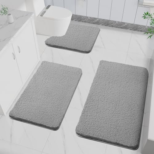 LUOJINYI 3 Stück Badematte rutschfest, Weich Wasserabsorbierende, Shaggy Hochflor-Mikrofasermatte für das Badezimmer, Badvorleger Maschinenwaschbar für Badewanne, Dusche und Badezimmer (Dunkelgrau)