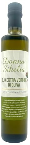 Donna Sikelia Olio Extravergine di Oliva Siciliano Nocellara del Belice – Estratto a Freddo – Fruttato Medio – 100% Italiano – Artigianale – Bottiglia da 0.50L