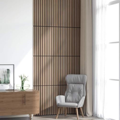 Brokky 42002584 Acoustic Wall Panels 8 pcs Slatted 60.5x60 cm Oak Veneer Acoustic Slat Wall Panel - Decorative & Sound Absorbing Wooden Slatted 3D Feature Pannelling Home Living Room Bedroom Interior