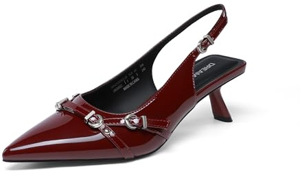 DREAM PAIRS Scarpe da donna con tacco basso a forma di gattino con cinturino sul retro chiuso, a punta, comode, eleganti, per matrimoni, feste, casual, eleganti, Borgogna, 41 EU