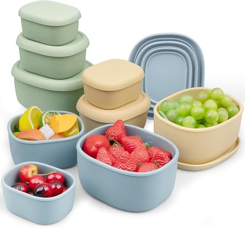 HFZCV 9 Pack Silicone Food Storage Containers,Nesting Silicone Food Containers with Airtight Lids,Reusable Bento Box Snack Lunch Containers for Camping, 3 Size(200 ml, 300 ml, 600 ml)