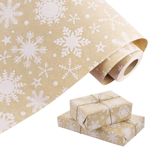 JIANTA Rollo de Papel Kraft para Regalos Navideños — 43 cm x 15 m, ideal para Navidad, Decoración Navideña, Empaquetado de Regalos y Fiestas - Diseño de Copos de Nieve