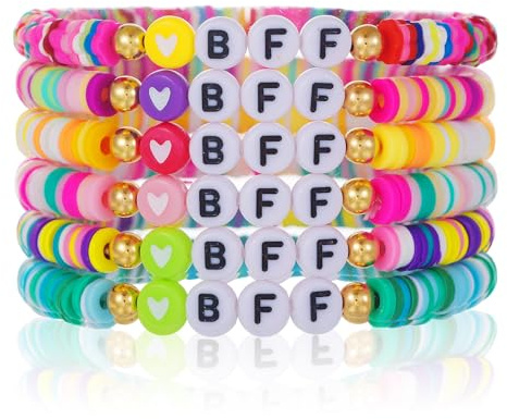 Leseogye 6-Piece Friendship Bracelet Set, Colorful Stretch Beaded BFF Bracelets, Friendship Bracelets for Girls, Friend Gifts for Girls, Birthday, Christmas Presents for BFF (Clay & Acrylic Beads)
