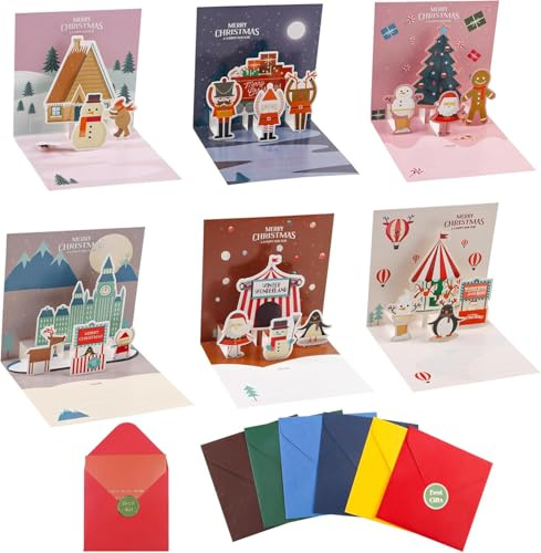 LOMIMOS 3D Weihnachtskarten mit Umschlag, 6 Stück Pop Up Karte Weihnachte Weihnachtsmann Lebkuchenmann Grußkarte für Freunde Familie