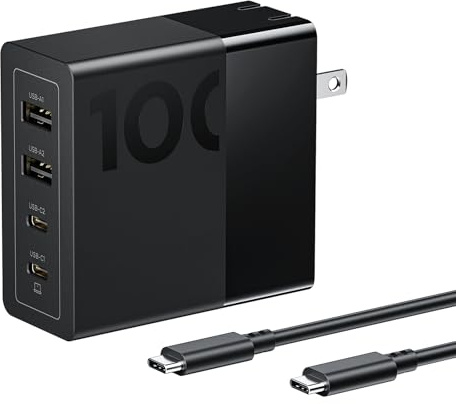 Lenovo 100W USB C Charger, 4-Port Multi-Device Fast Charging, Black GaN Power Block with 240W Cable, for Thinkpad, MacBook, Dell XPS, iPhone, Samsung