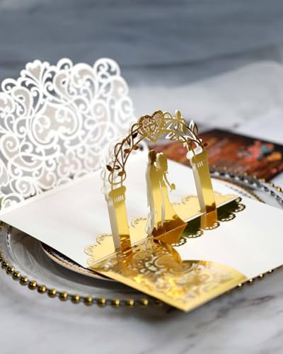 GIFANEO Goldene 3D Pop-Up Hochzeitskarte, Pop Up Karte Hochzeit, elegante Glückwunschkarte zur Hochzeit,Romantische Glückwunschkarte zum Hochzeitstag(Gold)