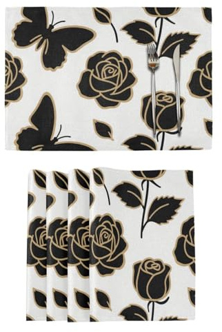 Fashion Butterfly Black and Gold Rose Flower Decorative kids reusable placemats linen underplate mat tapetes para mesa de comedor redondos set of 6 12x18