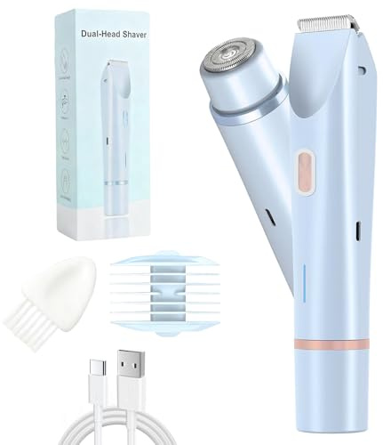 Bikini Trimmer Women, 2-in-1 Dual Head Painless Lady Shaver, Facial Hair Remover for Women, USB-C Rechargeable Waterproof Electric Razor for Face Legs Underarm Body Intimate Areas, Wet & Dry Use, Blue