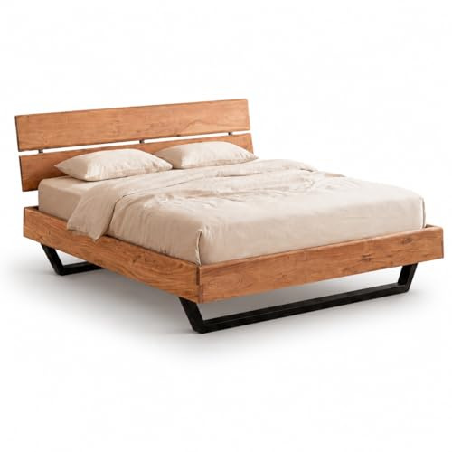 Liadomo Bettgestell 180x200 cm, Bologna, Holz, Akazie | Bett, Doppelbett, Rahmen und Kopfteil Akazienholz massiv, Holzfarben, verstellbare Einlegetiefe, Kufengestell Metall schwarz