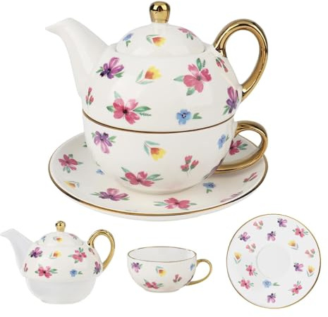 Nzkeuf Tea for One Set, Teapot, Tea Cup & Saucer in Vintage Floral with Gold-Plated Accents, Fine Porcelain/Ceramic Tea Service for Women, Gift for Her, Ideal for Afternoon Tea, Mother’s Day
