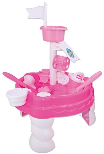 Kids Pink Sand and Water Play Table – 14 Piece Pirate Boat Themed Sensory Activity Set with Crows Nest, Spinners & Accessories – Indoor & Outdoor Toy for Children Aged 3+ – 58.5cm x 38.5cm x 38.5cm