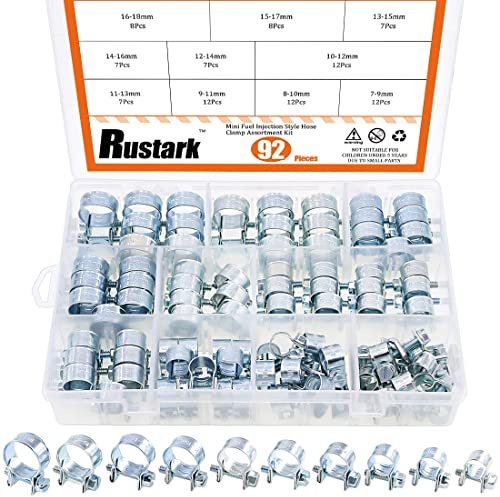 Rustark Lot de 92 mini colliers de serrage en acier au carbone plaqué zinc de 7 mm à 18 mm (10 tailles) pour tuyau à essence diesel