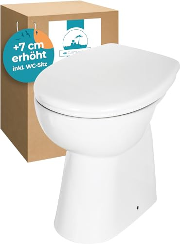 Calmwaters® Spülrandloses WC Komplettset Elements Wellness mit Toilettendeckel, erhöhtes Stand WC + 7 cm, abnehmbarer WC-Sitz mit Absenkautomatik & Schnellbefestigung, Tiefspüler, Weiß, 07AB3134