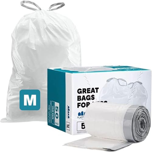 Plasticplace Code M Compatible (50 unidades) │ Forro de basura con cordón blanco de 12 galones/45 litros │ 21.5 x 30.7 pulgadas