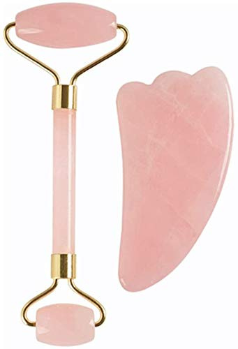 Original Jade Roller Gua Sha Massage Werkzeug Set Handheld 100% NatÜRliche Rosen Quarz Jade Facial Roller Falten Antialterung Auge Hals Gesicht RÜCken Körper Haut Massagegerät Noiseless 2 PCS (Rosa)