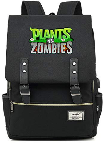 WANHONGYUE Spiel Plants vs. Zombies Backpack Vintage Schulrucksack Studententasche Schulranzen 15,6 Zoll Laptop Rucksack mit USB-Ladeanschluss Black / 2