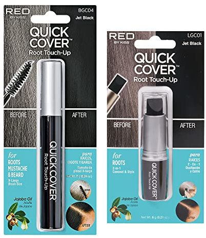 RED by Kiss Quick Cover Gray Hair Touch Up, Root Touch Up, Moisturize and Shine, Brush Type & Stick Type Set (Jet Black)