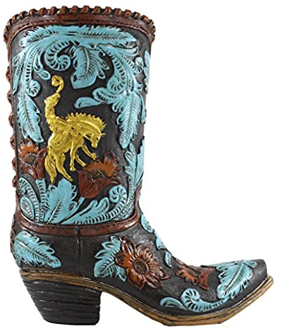 Ebros Rustic Southwestern Turquoise Floral Scroll Lace Damask Patterns Cowboy Cowgirl On Horse Boot Decorative Figurine Or Floral Vase Planter Tooled Leather Finish Table Shelf Countertop Accent