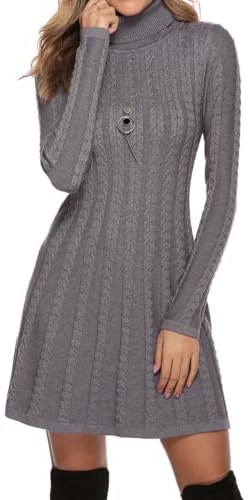 Gyabnw Robe Pull Femme Hiver Chic et Elegant Robe en Laine Manche Longue Robe à col Roulé Cocktail Soiree,Gris-B XXL