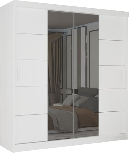 MN Furniture Modern Leads Sliding Door Wardrobe with Mirror & Customizable Interior | Bedroom Storage with Shelves & Rails | 120cm 150cm 180cm 203cm (White, 180cm)