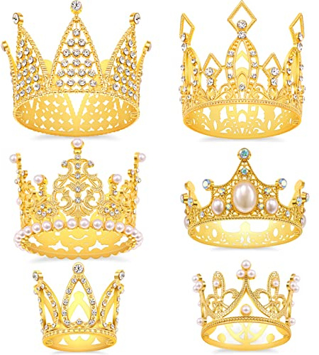 SisBroo Gold Krone Kuchen Topper, 6-teilige Happy Birthday Kuchen Toppers, Prinzessin Krone Kuchen Dekorationen für Geburtstag, Hochzeit, Party und Baby Dusche für Kinder und Erwachsene (Gold-Ⅱ, 6)