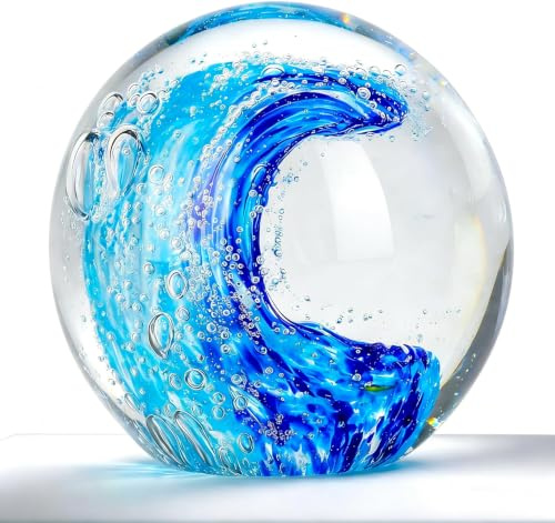 vskikris Mundgeblasene Ozeanwellen, Kristallkugel, Briefbeschwerer, Glasblasenkugel für Zuhause, Büro und Aquarium, Meeresglas-Sammelfiguren, Geschenk für Surfen und Ozeanliebhaber (8 cm Kugel)
