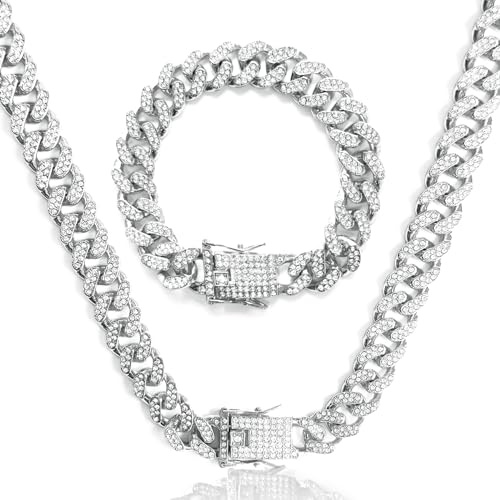 LOCCY 12 MM kubanische Gliederkette, Silber Gold Kubanische Kette Gliederkette, iced out Armband ice out Kette mit Karabinerverschluss, Länge 50/55/60cm