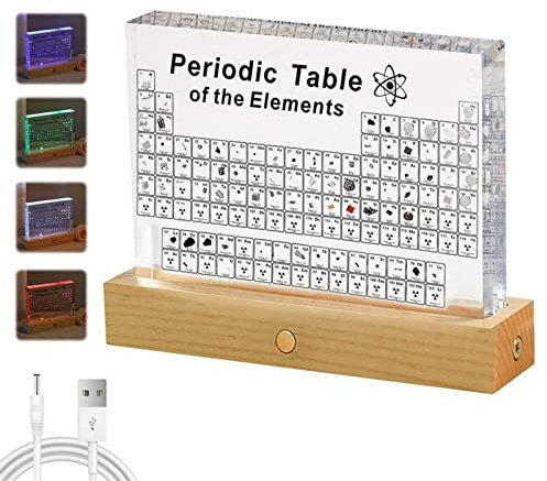 PEALOV Tableau Périodique avec Vrais éléments,Table Périodique Acrylique de 83 éléments,Affichage du Tableau Périodique en Acrylique avec Base de Lumières LED Colorées,Tableau des Elements Periodiques