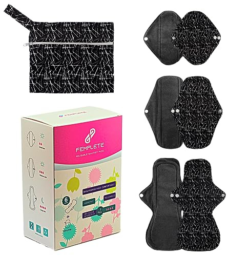 Femplete Reusable Sanitary Pads (Pack of 6) | Washable Sanitary Pads for Girls/Women with Waterproof Storage Bag | Bamboo Charcoal Menstrual Panty Pads | Waterproof Menstrual Pads for Swimming