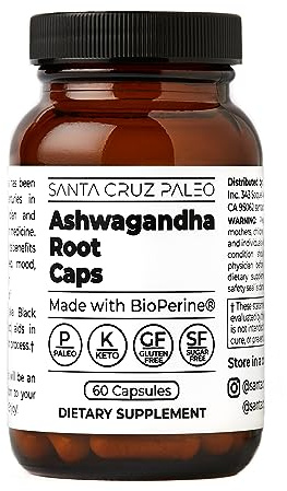 Santa Cruz Paleo, Ashwagandha Root with BioPerine, Herbal Supplement for Focus, Stress Support Adaptogen for Men and Women, Gluten Free, Vegetarian, Keto Friendly, 600MG Capsules, 60 Count