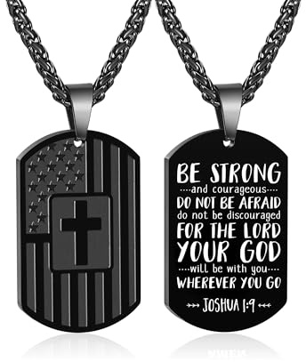 Zocomi Dog Tags Cross Necklace for Men Boys Military Religious Christian Chain Baptism First Communion Confirmation Jewelry Easter Basket Stuffers Essentials Gifts Him Teen Teenage Kids Joshua 1:9