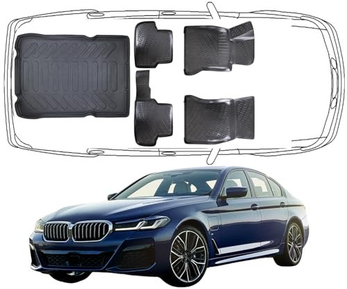 Trimak Passgenau 3D Fussmatten & Kofferraumwanne Auto Kompatibel mit BMW 5èr G30 2017-2023 Limousine Auto Allwetter Zubehör Gummimatten Kofferraumwanne Autos TPE Allwetter Geruchlos rutschfest