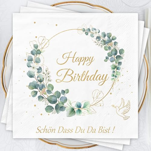 AFYHH Geburtstags Servietten und Tischdeko - 3-Lagige Happy Birthday Servietten 'Schön Dass Du Da Bist' - Eucalyptus Grün Taufe Deko für Frau Mann (40 Stück)